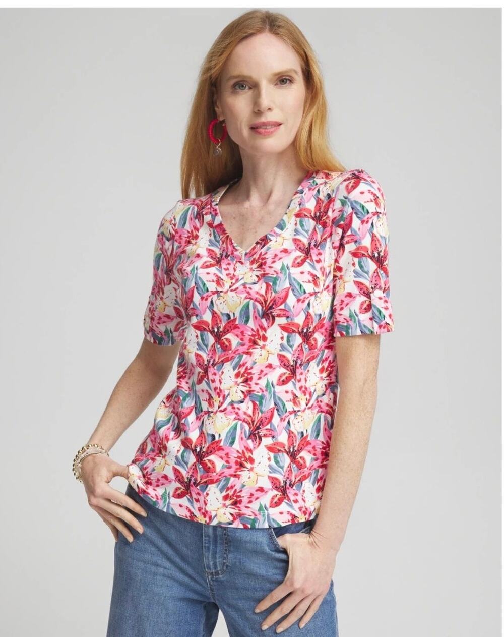 Chico’s Everyday V-Neck Top Size XXL Pima Cotton Short Sleeves Floral Colorful
